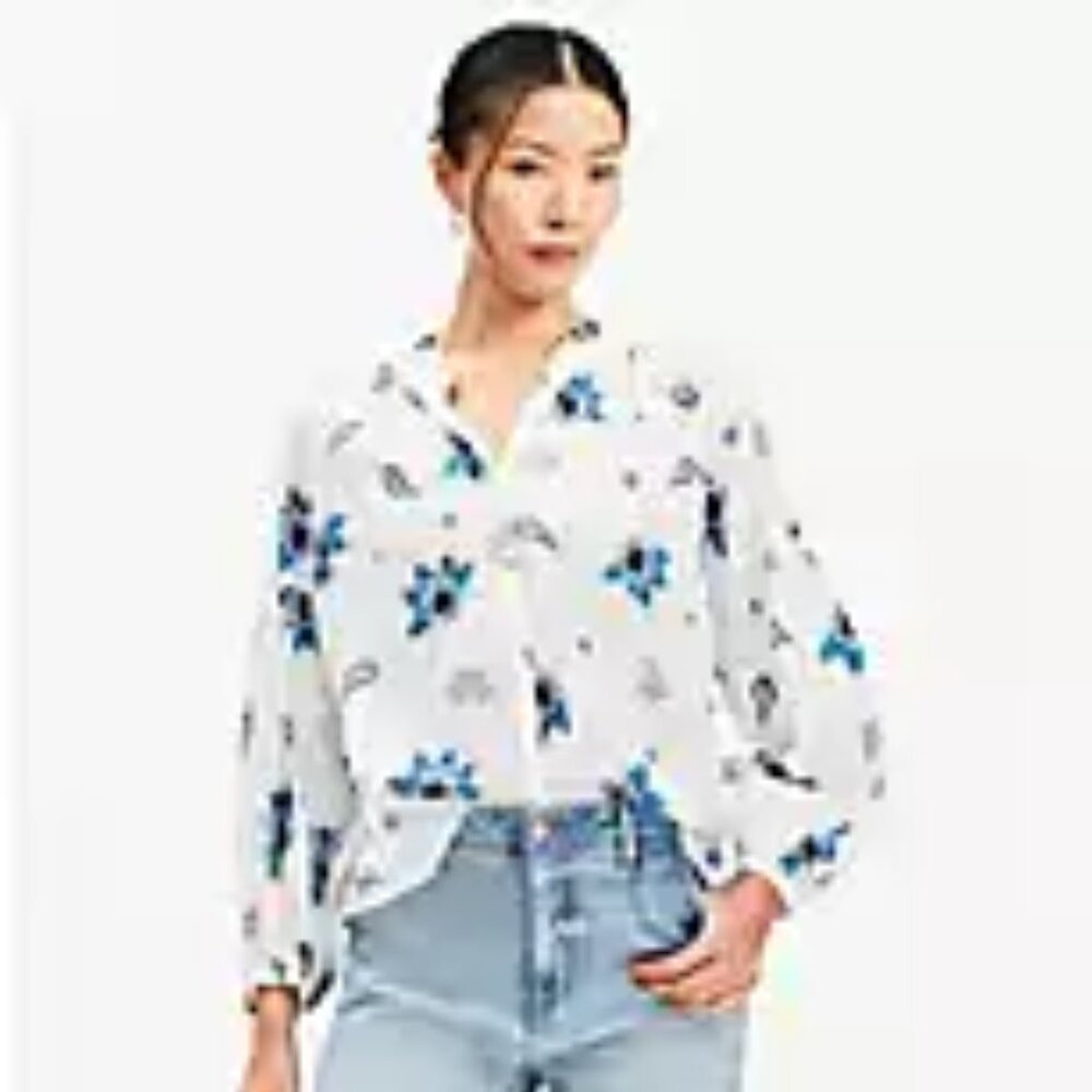 NWT Loft Paisley Ruffle Neck Poet Blouse